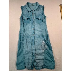 Dolcezza Shirt Dress Womens Small Blue Linen Cotton Button Sleeveless
